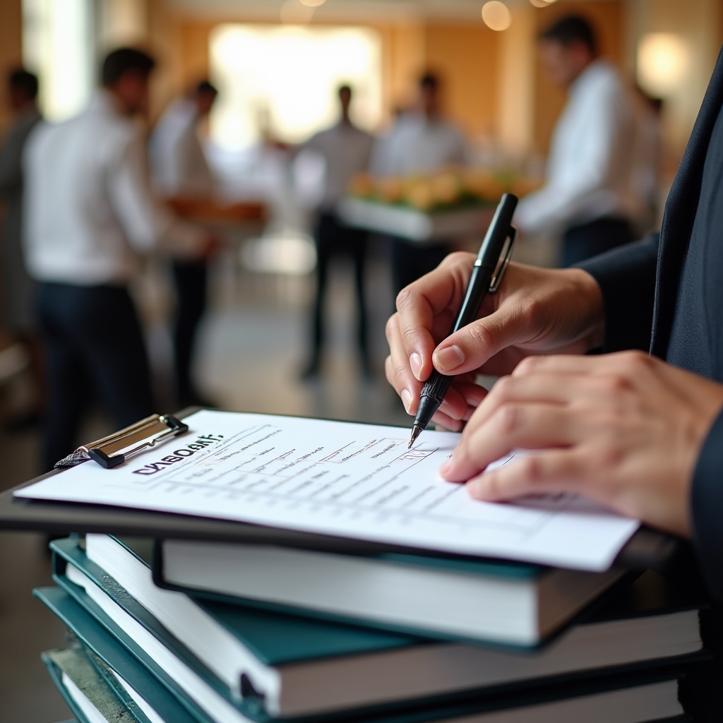 Hand checking off items on a printed day-of logistics checklist attached to a clipboard