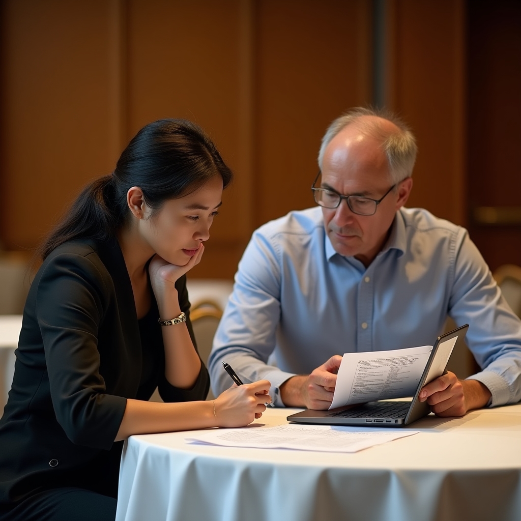 Two colleagues discussing notes and a laptop during a post-event debrief meeting