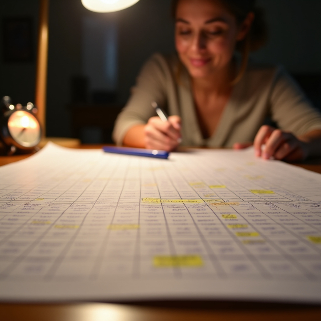 Event coordinator marking up a printed minute-by-minute timeline with colored pens at a desk