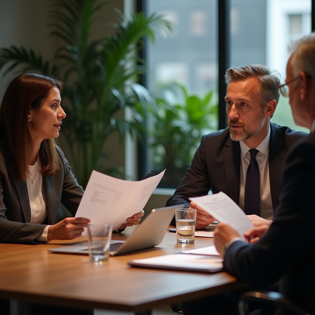Two event professionals negotiating vendor terms across a conference table with documents and a laptop