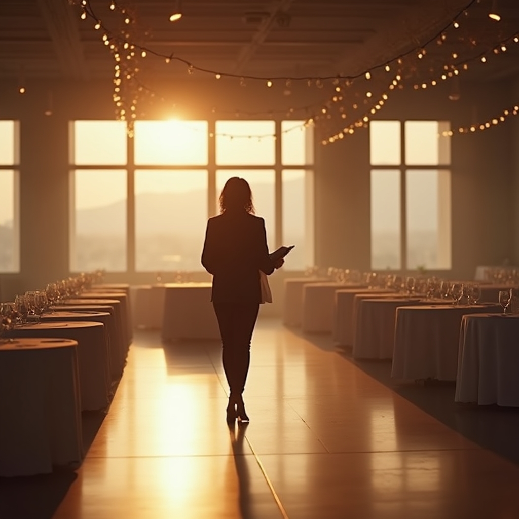 Venue coordinator walking through an empty event hall with a clipboard, checking setup details