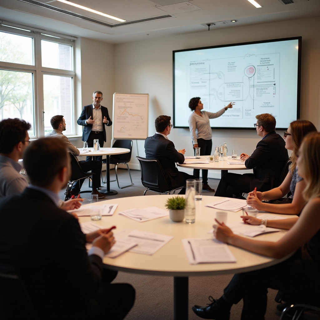 Small group of event planners seated around tables in a bright workshop room during a session